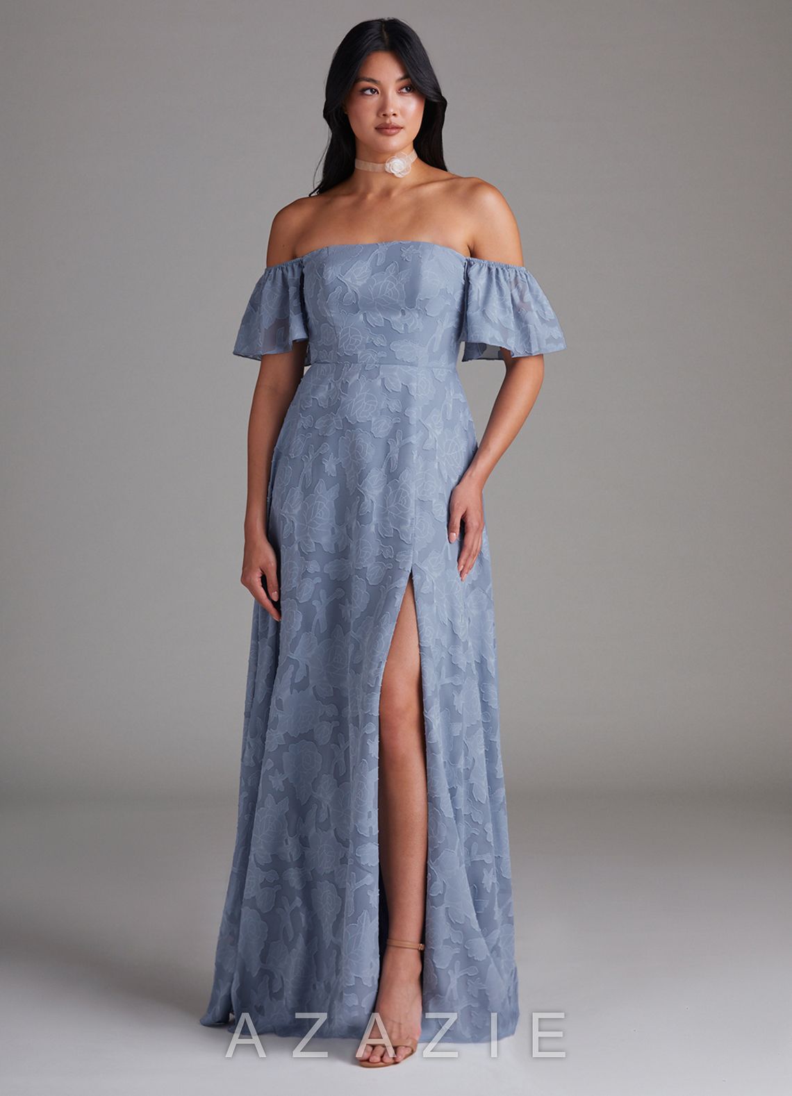 Azazie Sue Dusty Blue A-Line Off the Shoulder Floral Burnout Convertible Dress dusty_blue