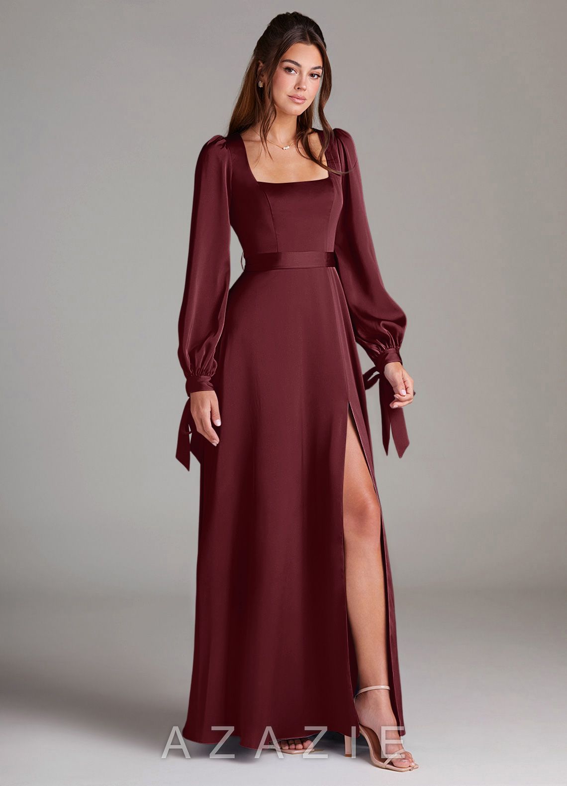 Azazie Leonia Cabernet A-Line Long Sleeve Stretch Satin Dress cabernet