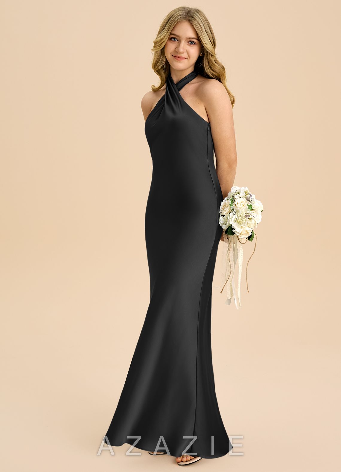 Azazie Chickie Junior Black Sheath Pleated Stretch Satin Dress