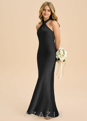 Azazie Chickie Junior Black Sheath Pleated Stretch Satin Dress