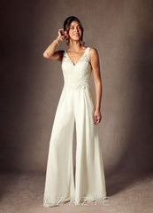 Azazie Florine Wedding Dress Cream Pant Styles V-Neck Lace Chiffon Dress