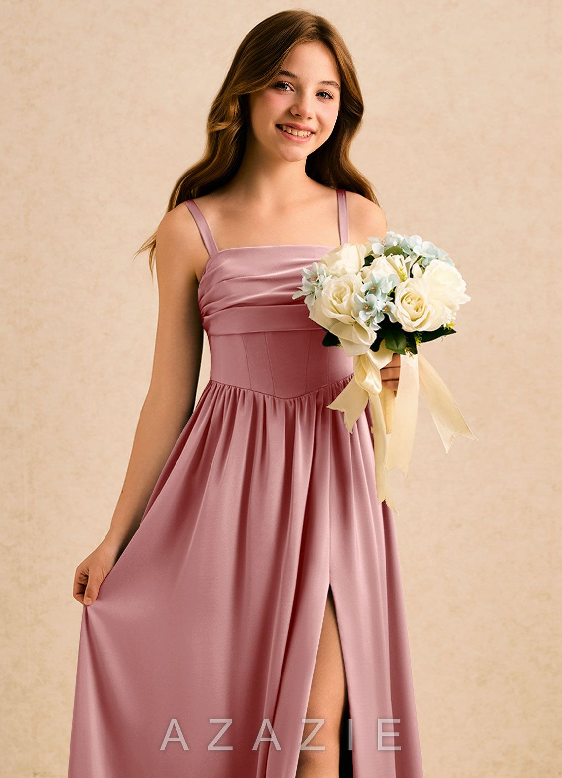 Azazie Maisie Girls Formal Dusty Rose A-Line Ruched Stretch Satin Dress dusty_rose