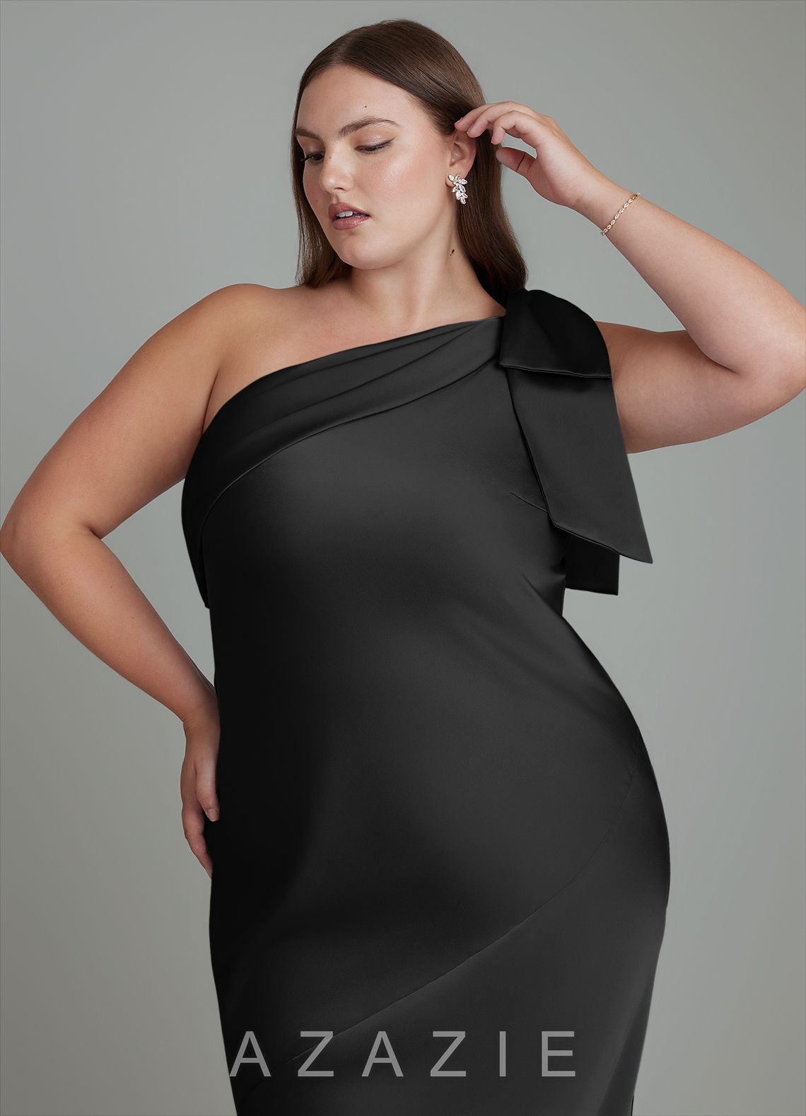 Azazie Yuanna Black Mermaid One Shoulder Stretch Satin Dress black