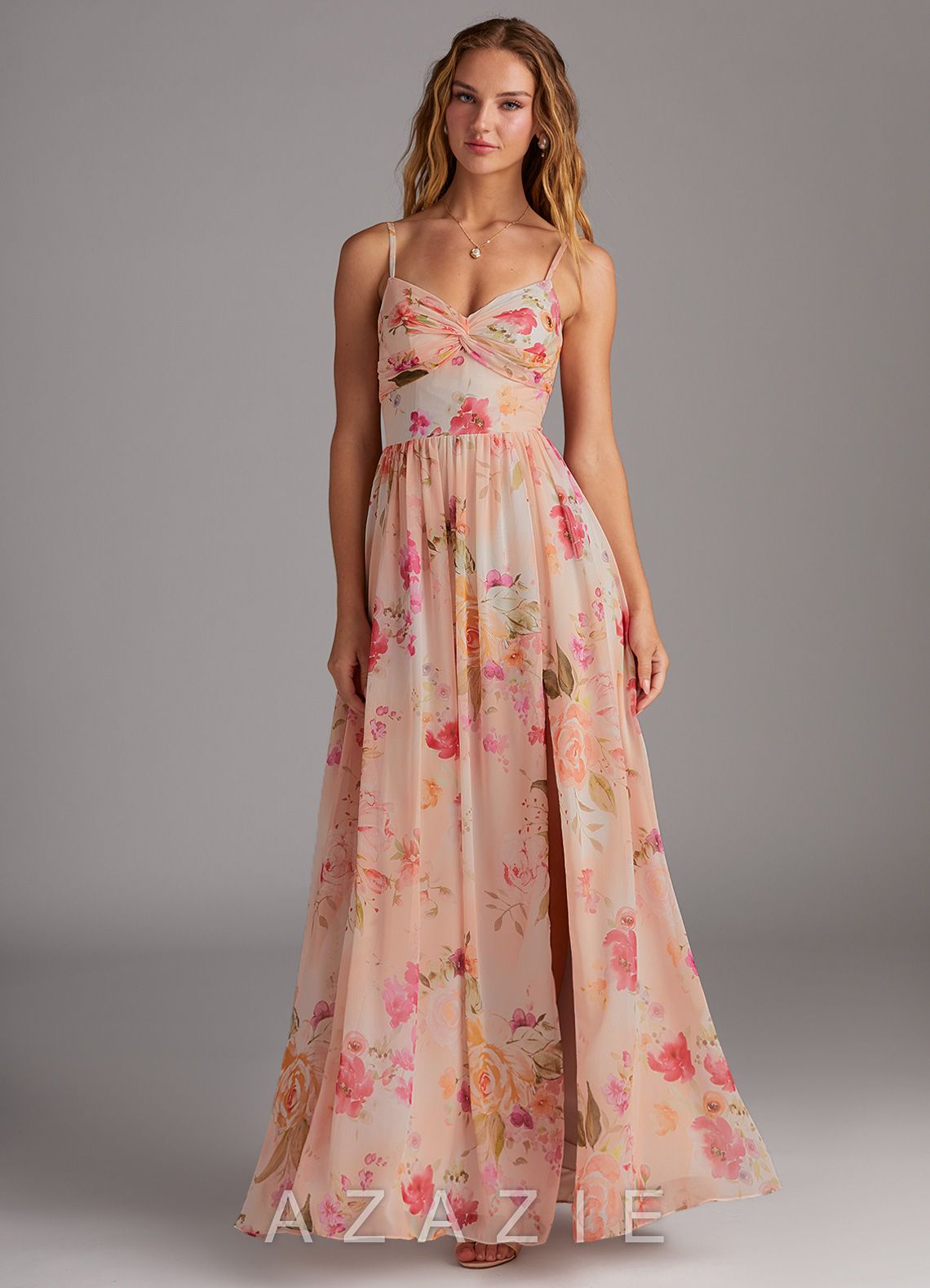 Azazie Zeya Abstract Bouquet Floral A-Line V-Neck Pleated Chiffon Dress abstract_bouquet_floral