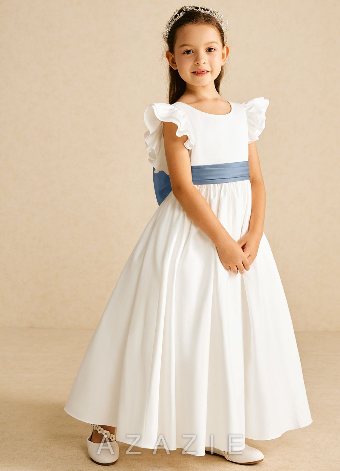 Azazie Aero Ivory Dusty Blue A-Line Pleated Cotton Dress ivory/dusty_blue