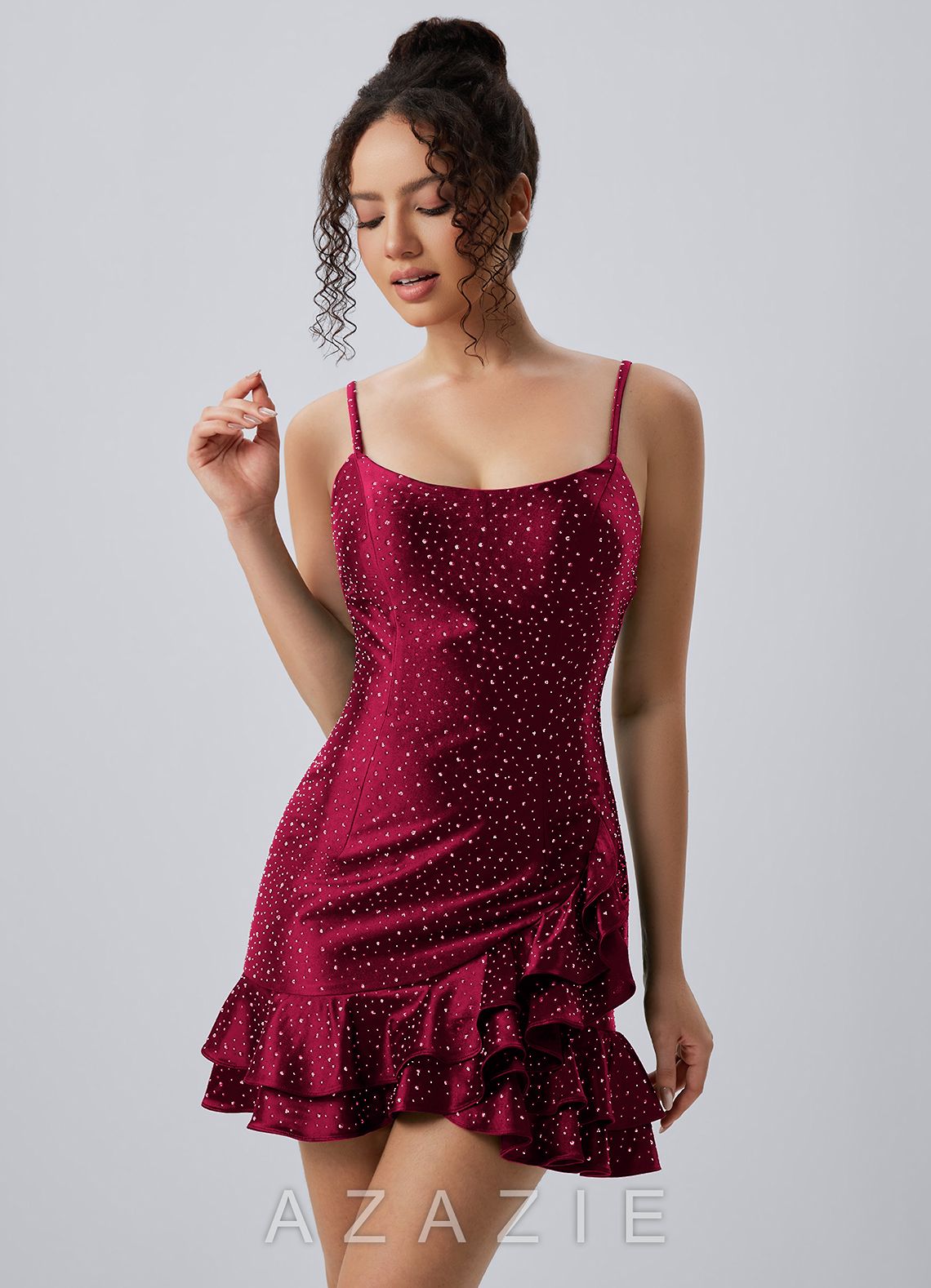 Katerina Burgundy Spaghetti Strap Satin Rhinestone Ruffle Lace-Up Mini Dress