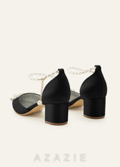 Matching Color Pearl Embellished Pointed Toe Matte Satin Block Heel Pumps Bow We