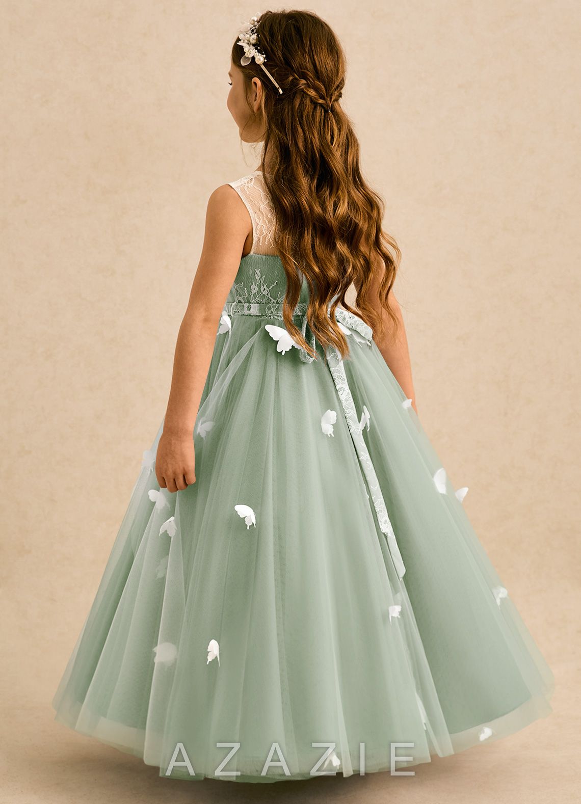 Azazie Mariposa Dusty Sage Ball-Gown Lace Tulle Dress dusty_sage