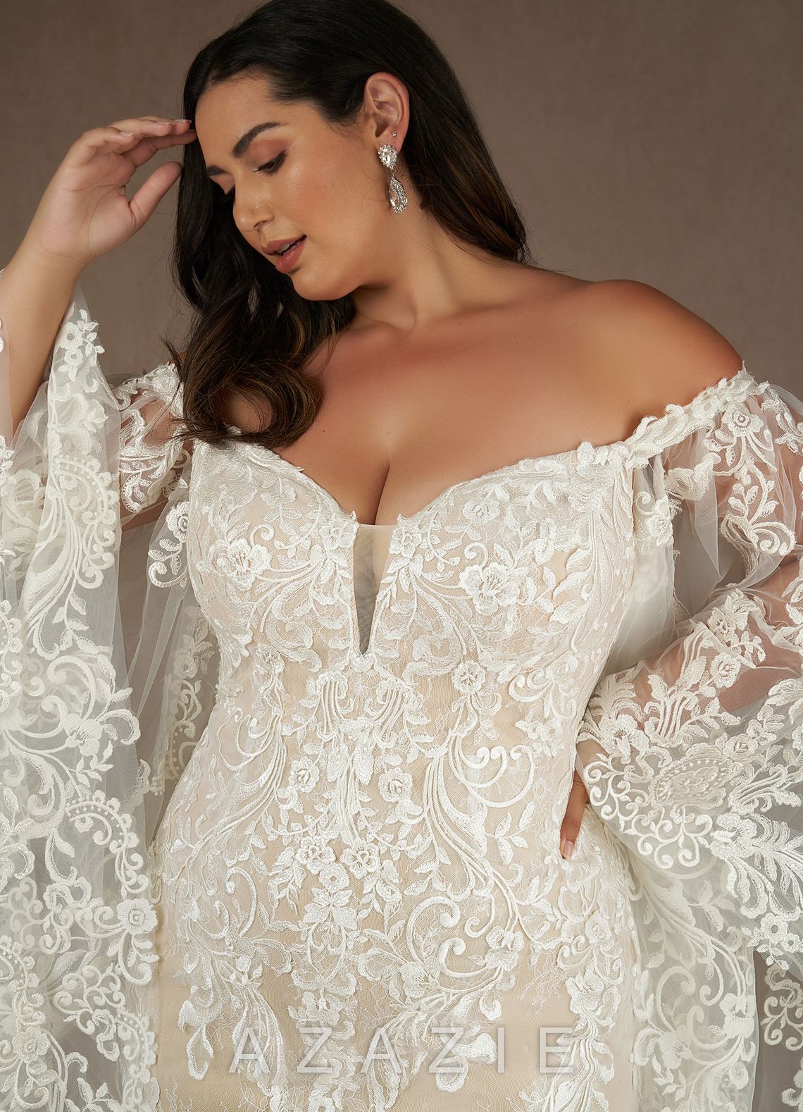 Azazie Memphis Wedding Dress Diamond White Nude Mermaid V-Neck Sequins Lace Dress diamond_white/nude