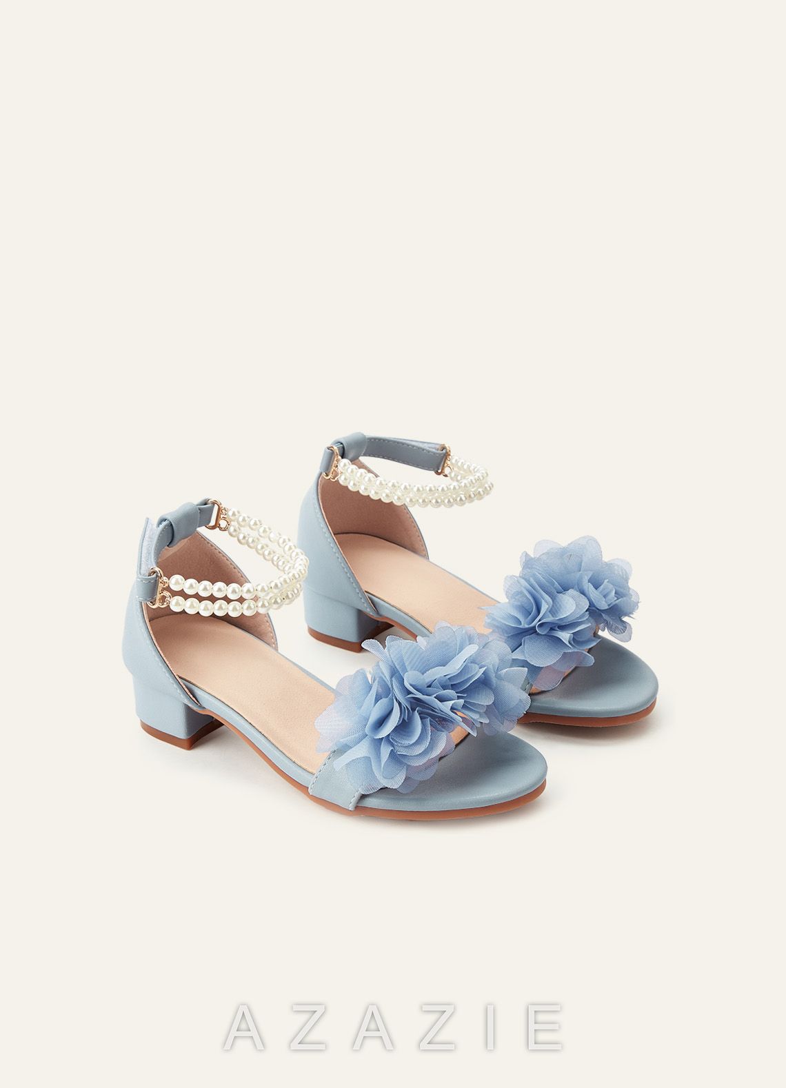 3D Chiffon Floral Pearl Ankle Strap Open Toe Flower Girl's Block Heels for Little & Big Kids  dusty_blue