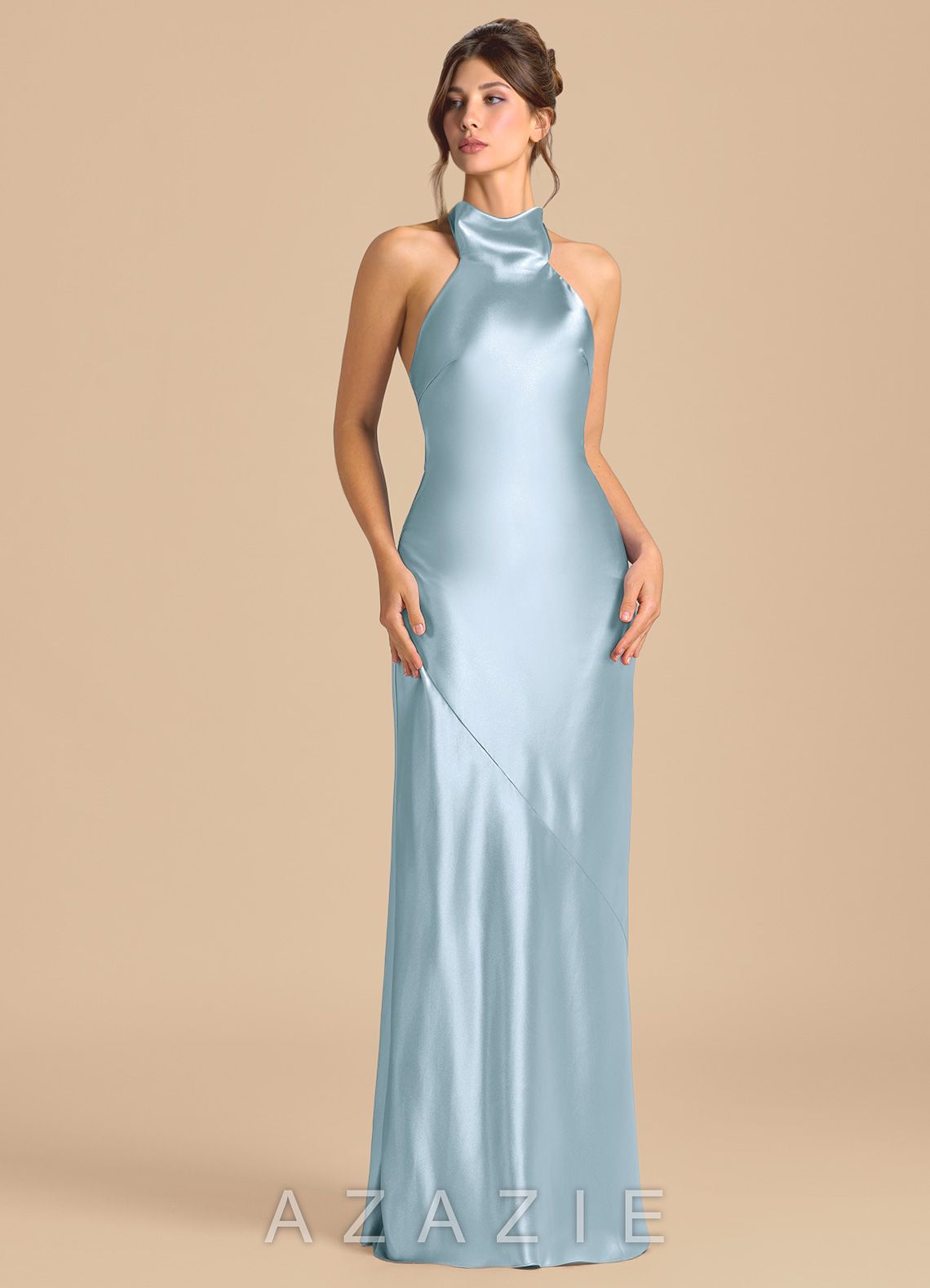 Azazie Velli Sky Blue Sheath High Neck Metallic Satin Dress sky_blue