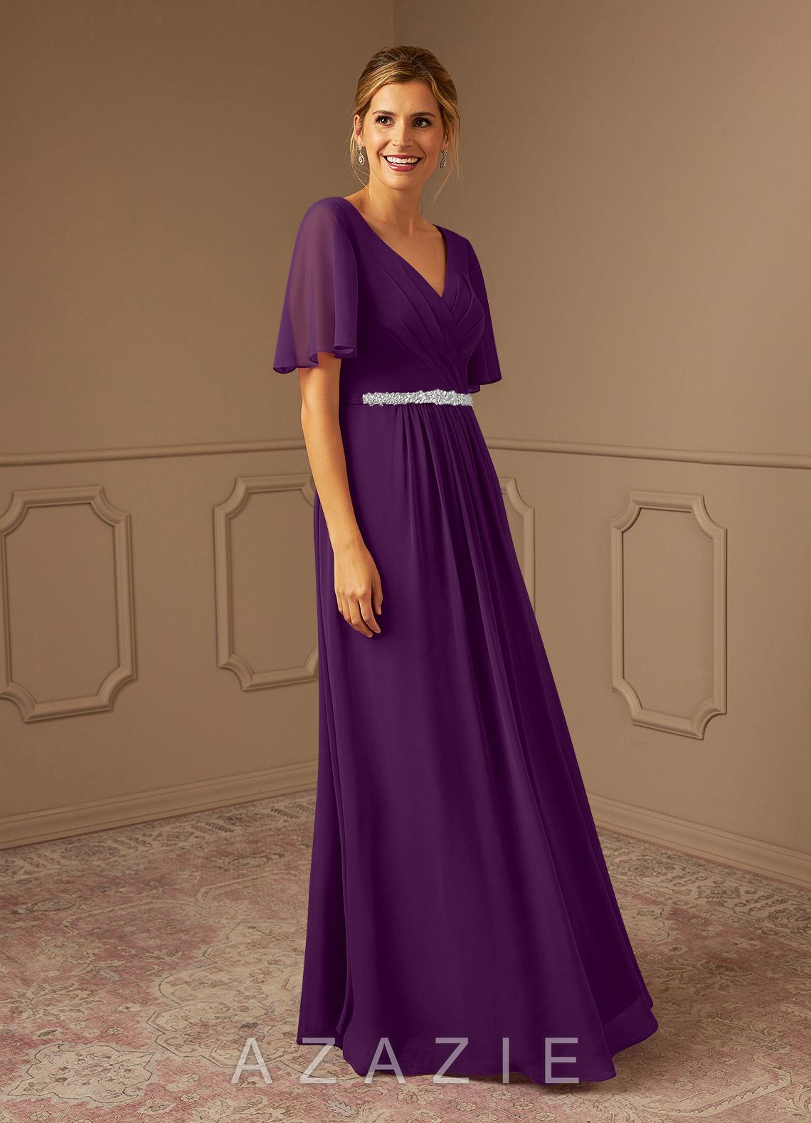 Azazie Tricia Grape A-Line V-Neck Pleated Chiffon Dress grape
