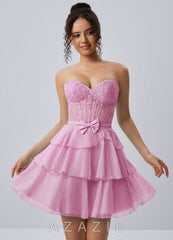 Aurelianna Pink Lace Rhinestone Ruffles Chiffon Corset Mini Dress