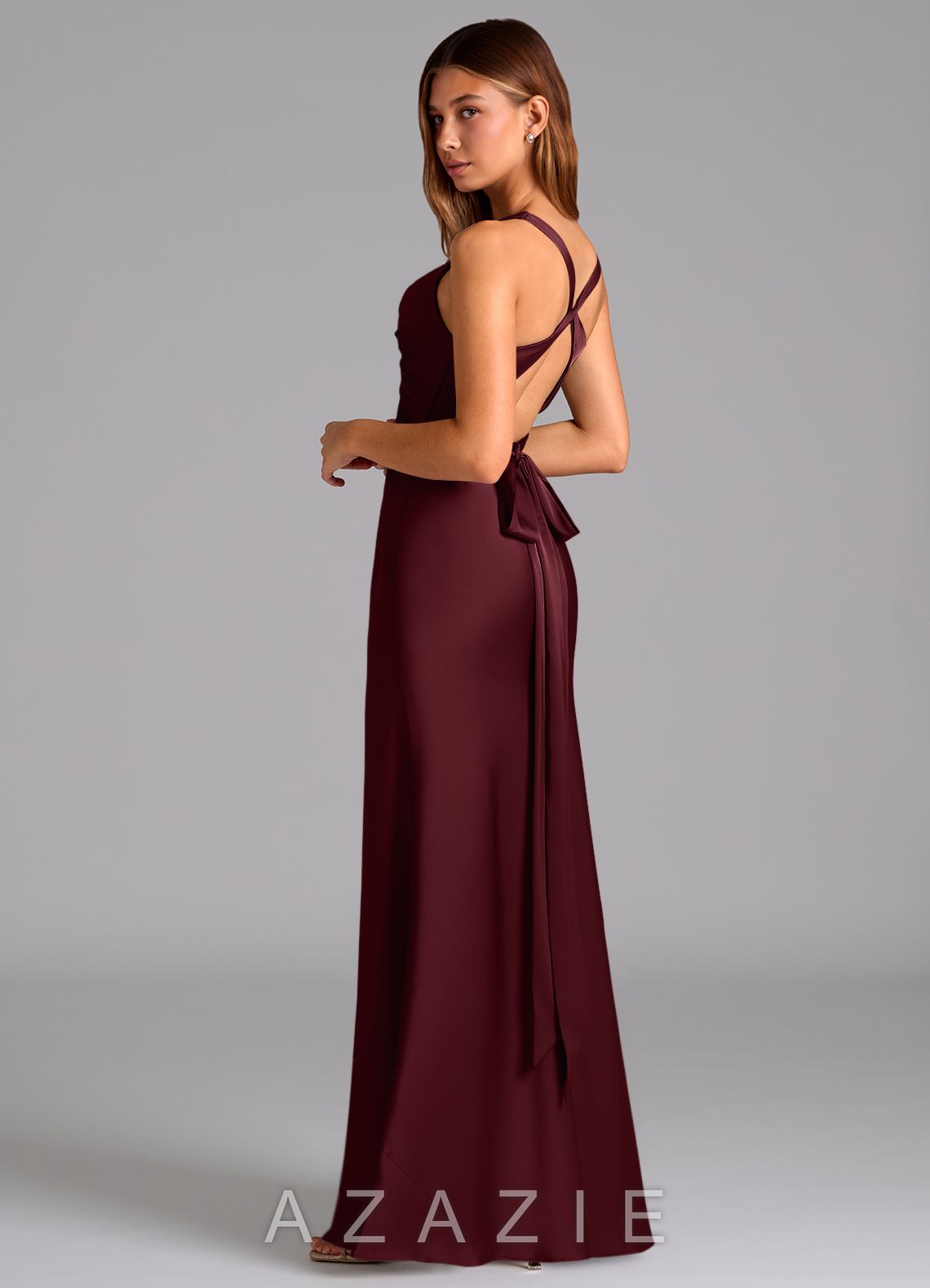 Azazie Hati Cabernet Mermaid Stretch Satin Dress cabernet