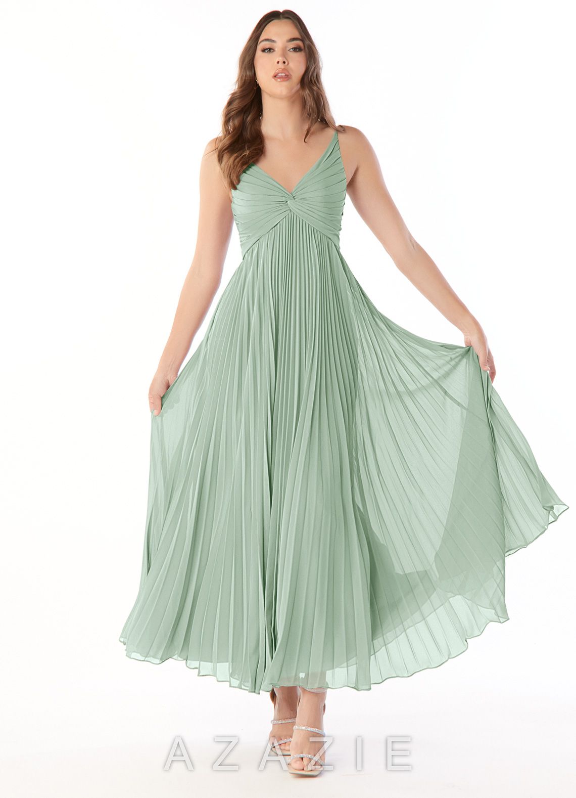 Azazie Raychelle Agave A-Line V-Neck Chiffon Dress