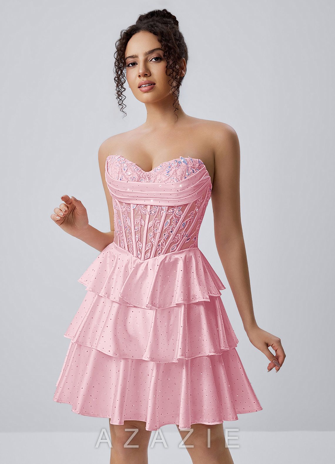 Maude Pink Strapless Floral Lace Corset Tiered Satin Mini Dress