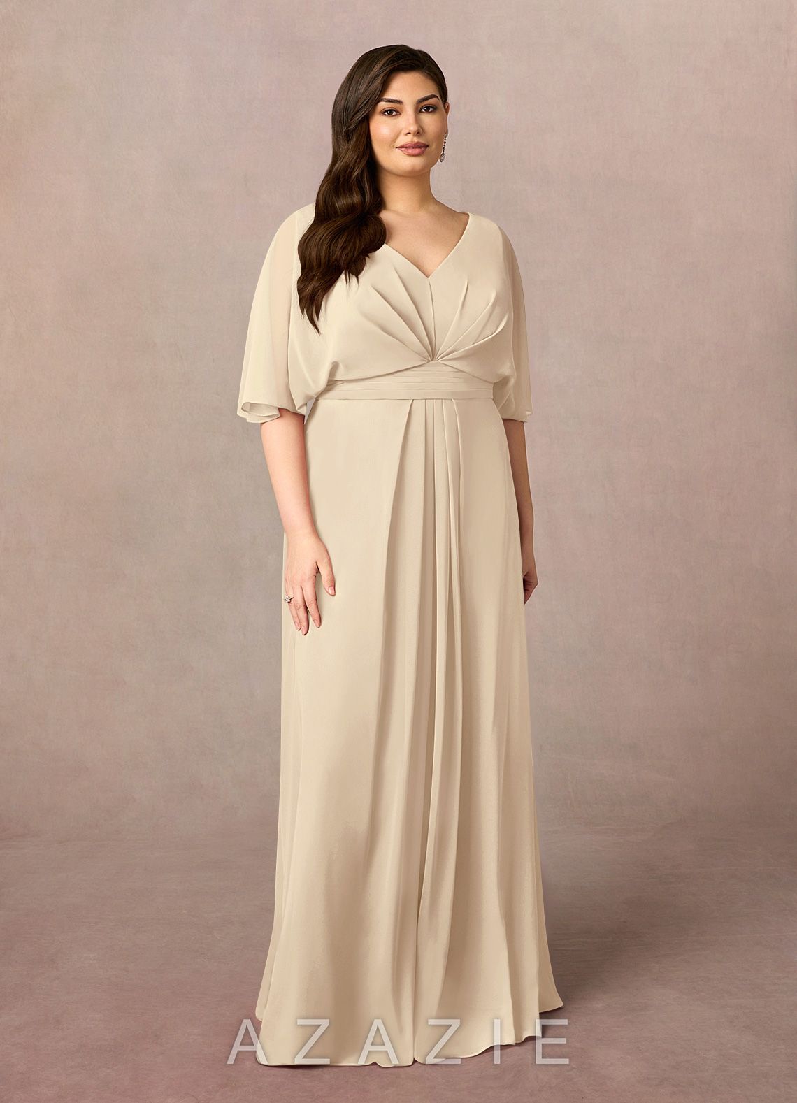 Azazie Oksana Champagne A-Line V-Neck Pleated Chiffon Dress champagne