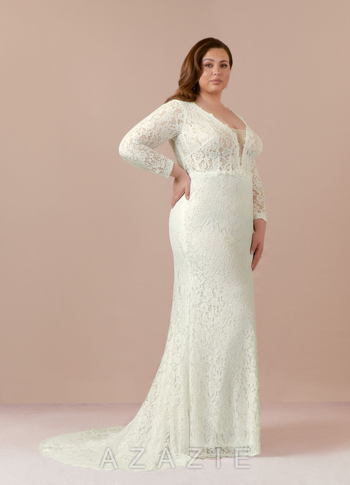 Azazie Indie Wedding Dress Cream Sheath V-Neck Tulle Dress cream