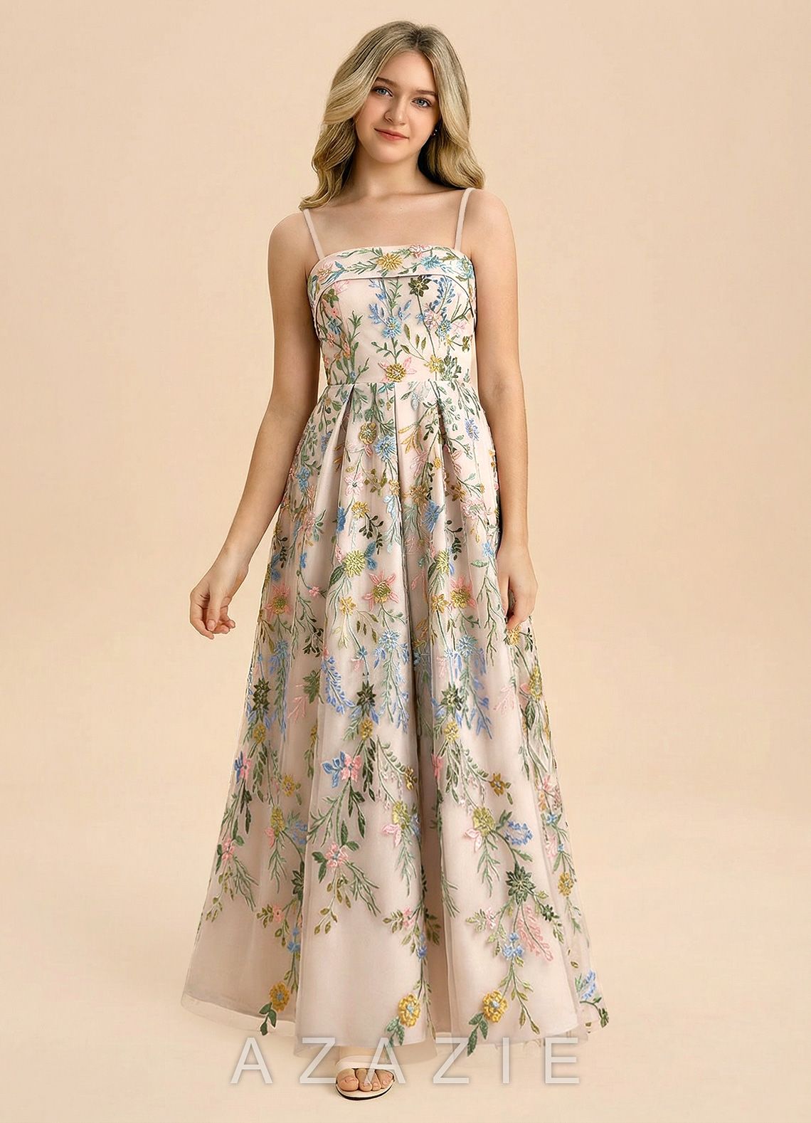 Azazie Evangeline Junior Formal Dress Blush Garden Floral A-Line Pleated 3D Floral Embroidered Lace Dress blush_garden_floral