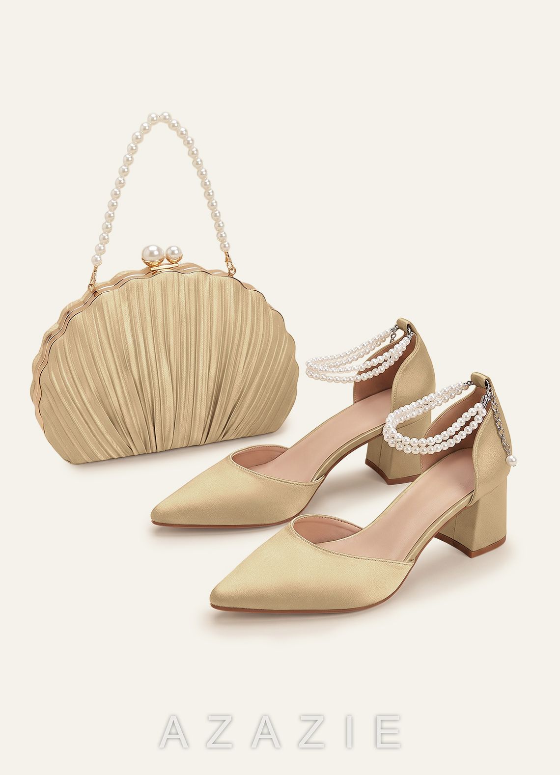 Matching Color Metallic Satin Pearl Strap Pointed Toe Block Heels & Shell-Shape Pleated Clutch Bag