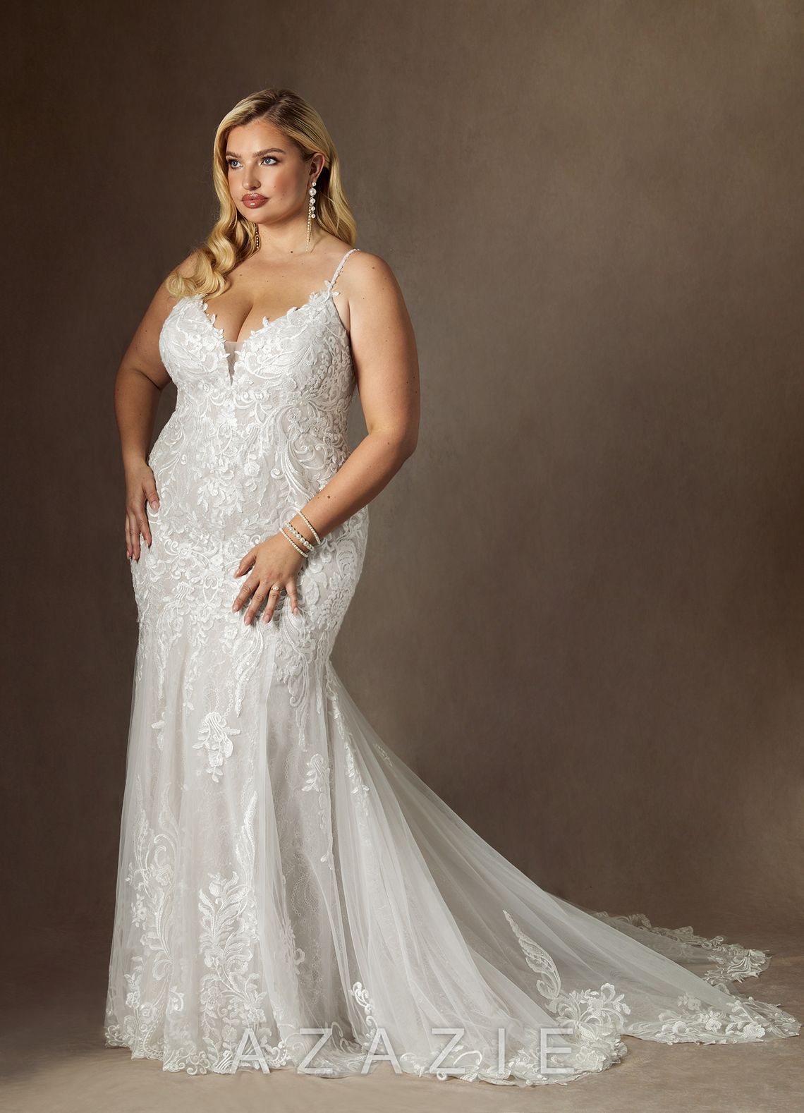 Azazie Camlynn Wedding Dress Diamond White Mermaid V-Neck Sequins Tulle Dress diamond_white