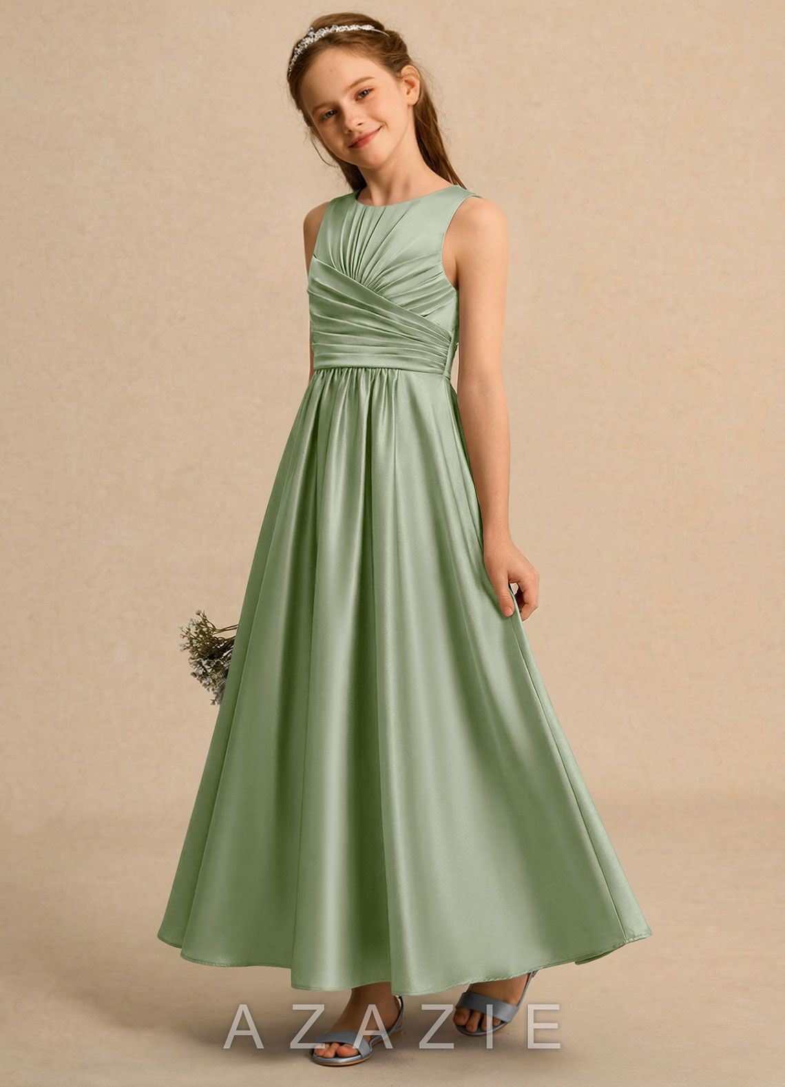 Azazie Ducky Girls Formal Dusty Sage A-Line Pleated Stretch Satin Dress dusty_sage
