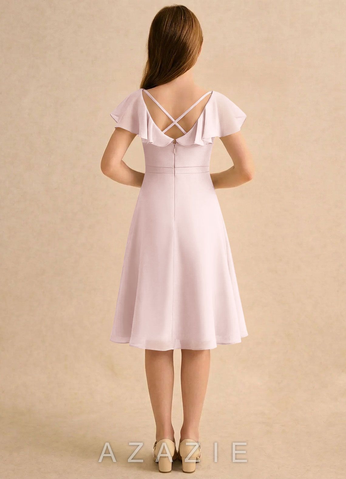 Azazie Narin Girls Formal Blushing Pink A-Line with Sleeves Chiffon Dress blushing_pink