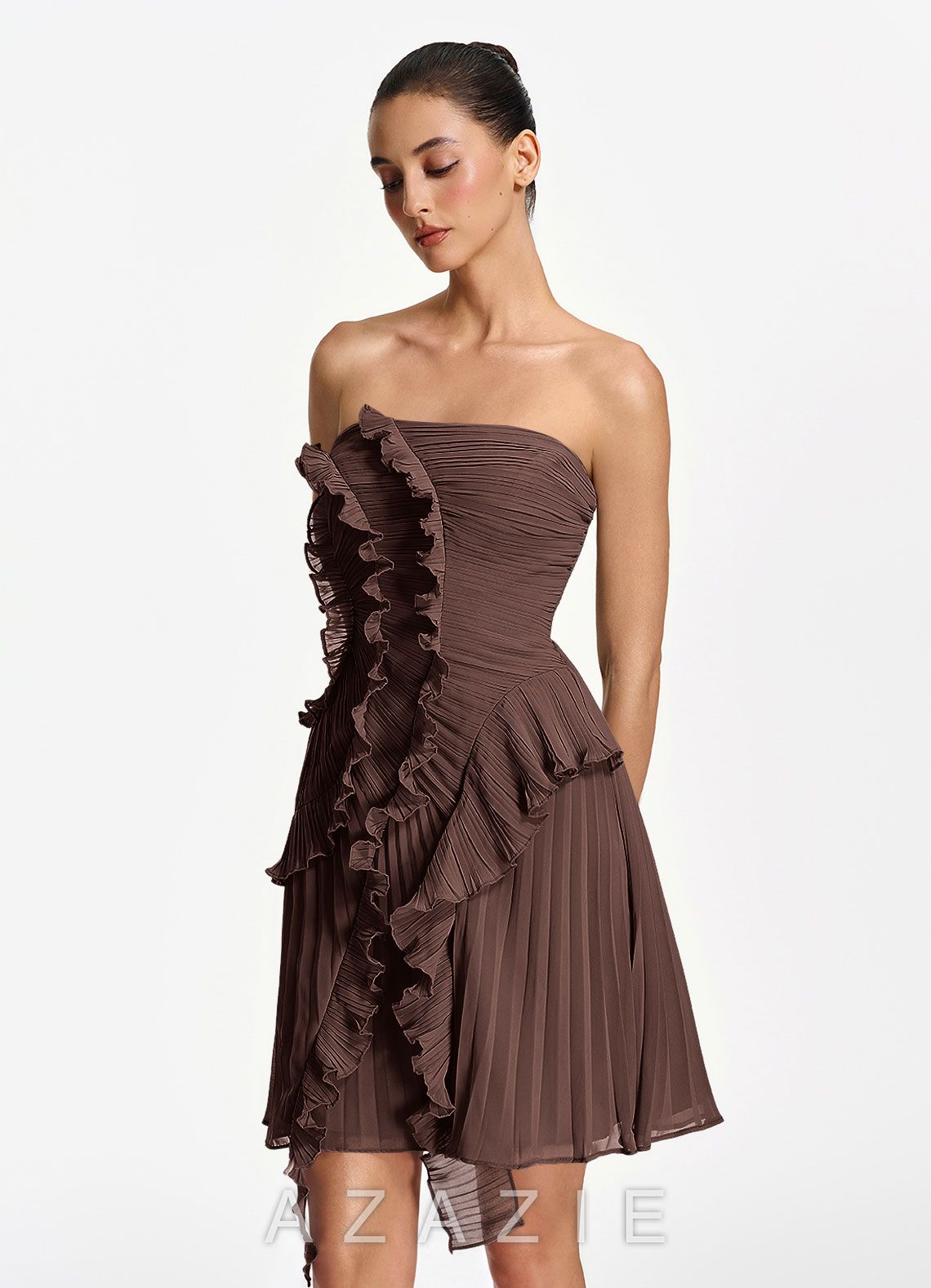 Ilona Ganache Strapless Pleated Ruffle Lace Up Mini Dress