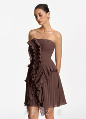Ilona Ganache Strapless Pleated Ruffle Lace Up Mini Dress