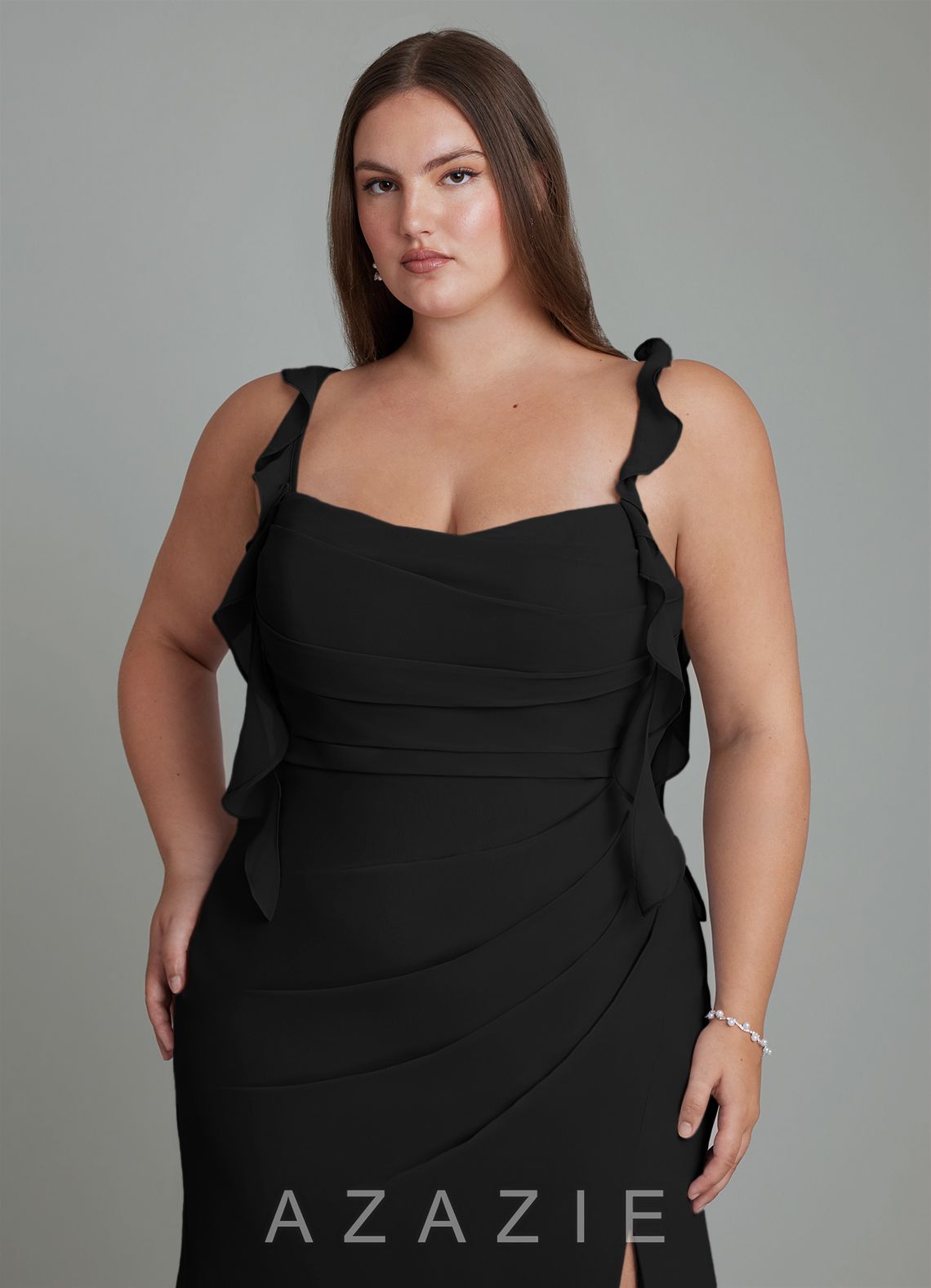 Azazie Jessamine Black Mermaid Corset Chiffon Dress black