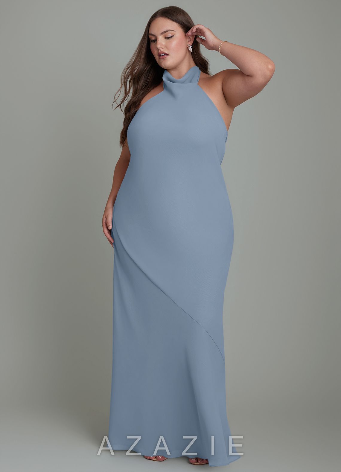 Azazie Velli Dusty Blue Mermaid High Neck Chiffon Dress dusty_blue