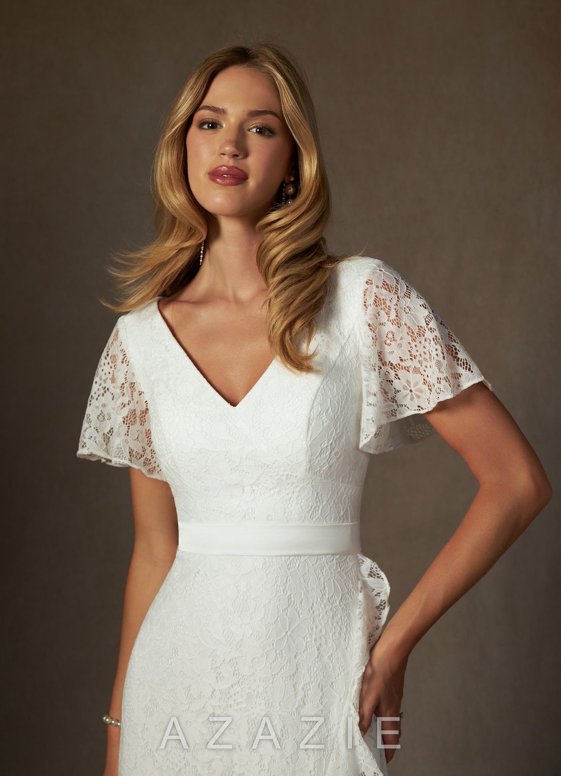 Azazie Lanei Wedding Dress Diamond White A-Line V-Neck Lace Dress diamond_white