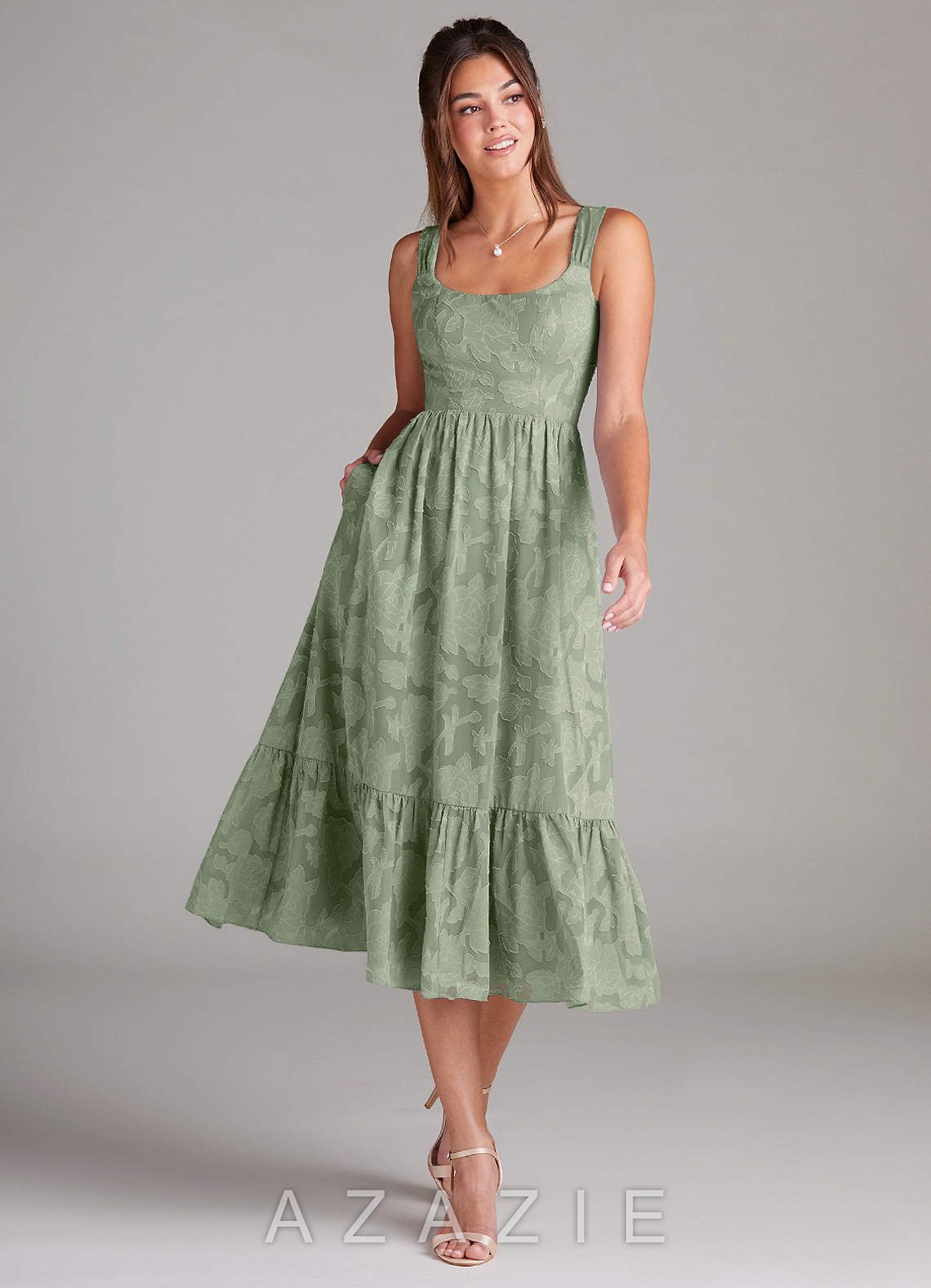 Azazie Alissa Agave A-Line with Pockets Floral Burnout Dress