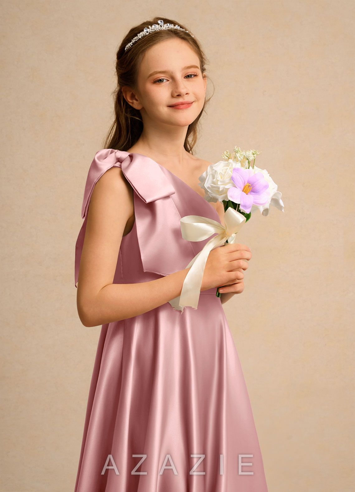 Azazie Guppy Girls Formal Dusty Rose A-Line One Shoulder Matte Satin Dress dusty_rose