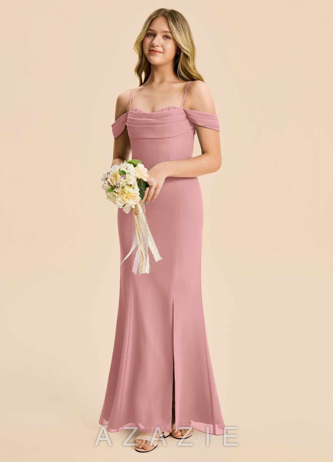 Azazie Nira Junior Dusty Rose Mermaid Ruched Chiffon Dress dusty_rose