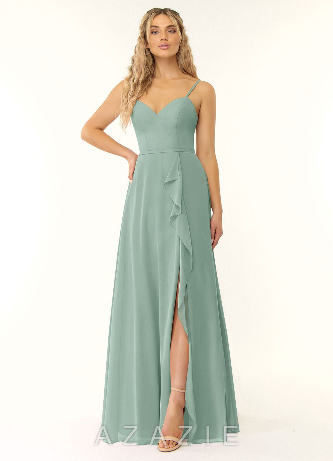 Azazie Naeem Agave A-Line V-Neck Ruffle Chiffon Dress