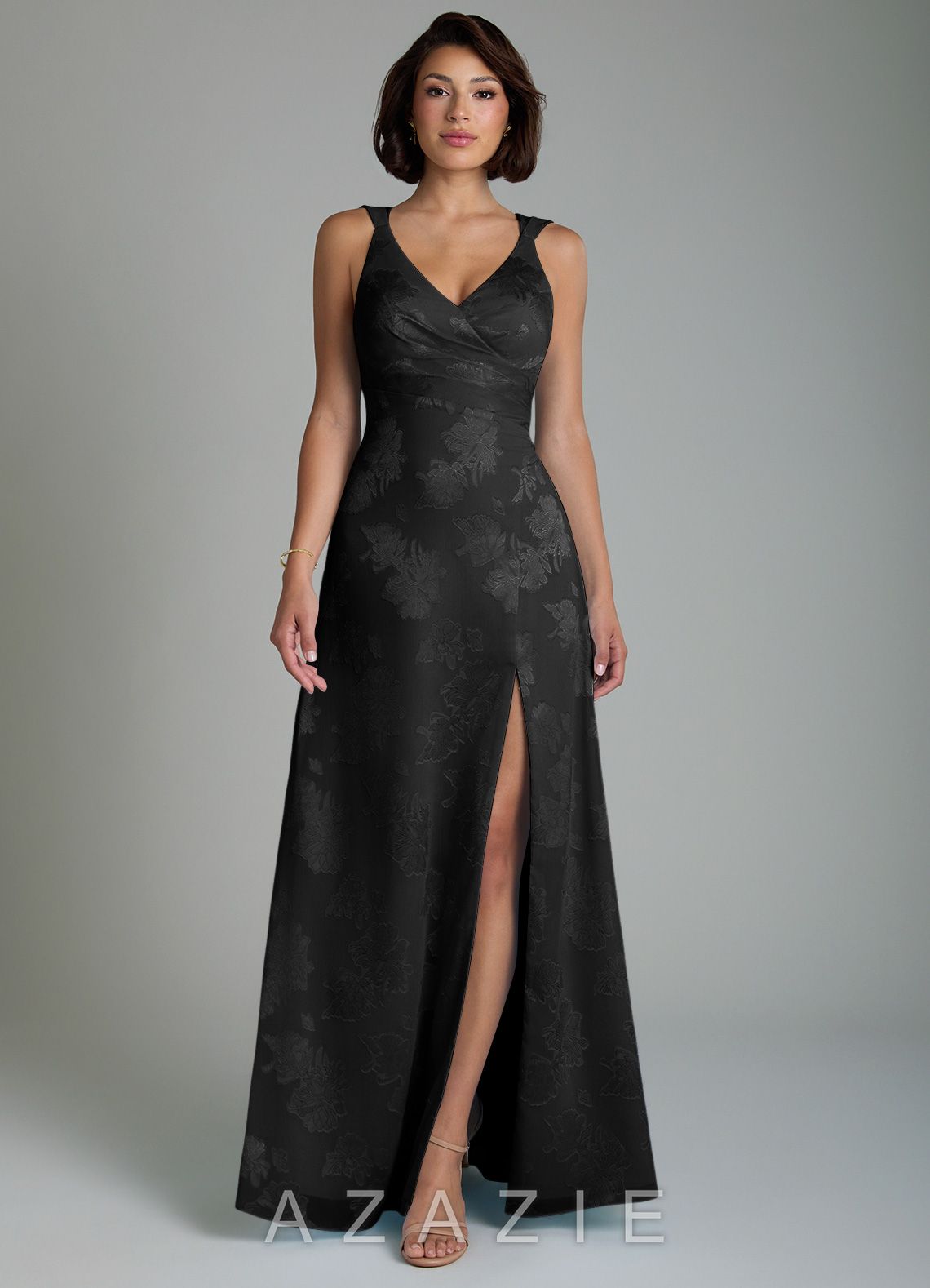 Azazie Aria Black A-Line Pleated Floral Jacquard Burnout Dress