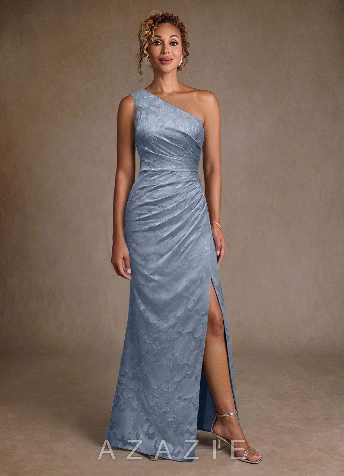 Azazie Joylin Dusty Blue Trumpet One Shoulder Floral Burnout Dress dusty_blue