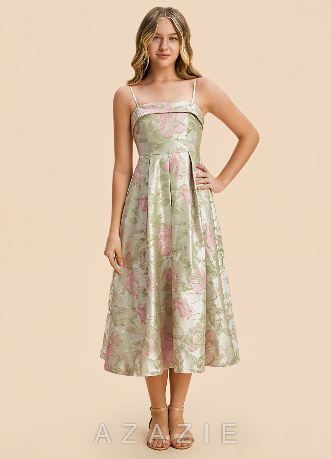 Azazie Penny Junior Formal Dress  sp_blush_floral_green_#bg134308