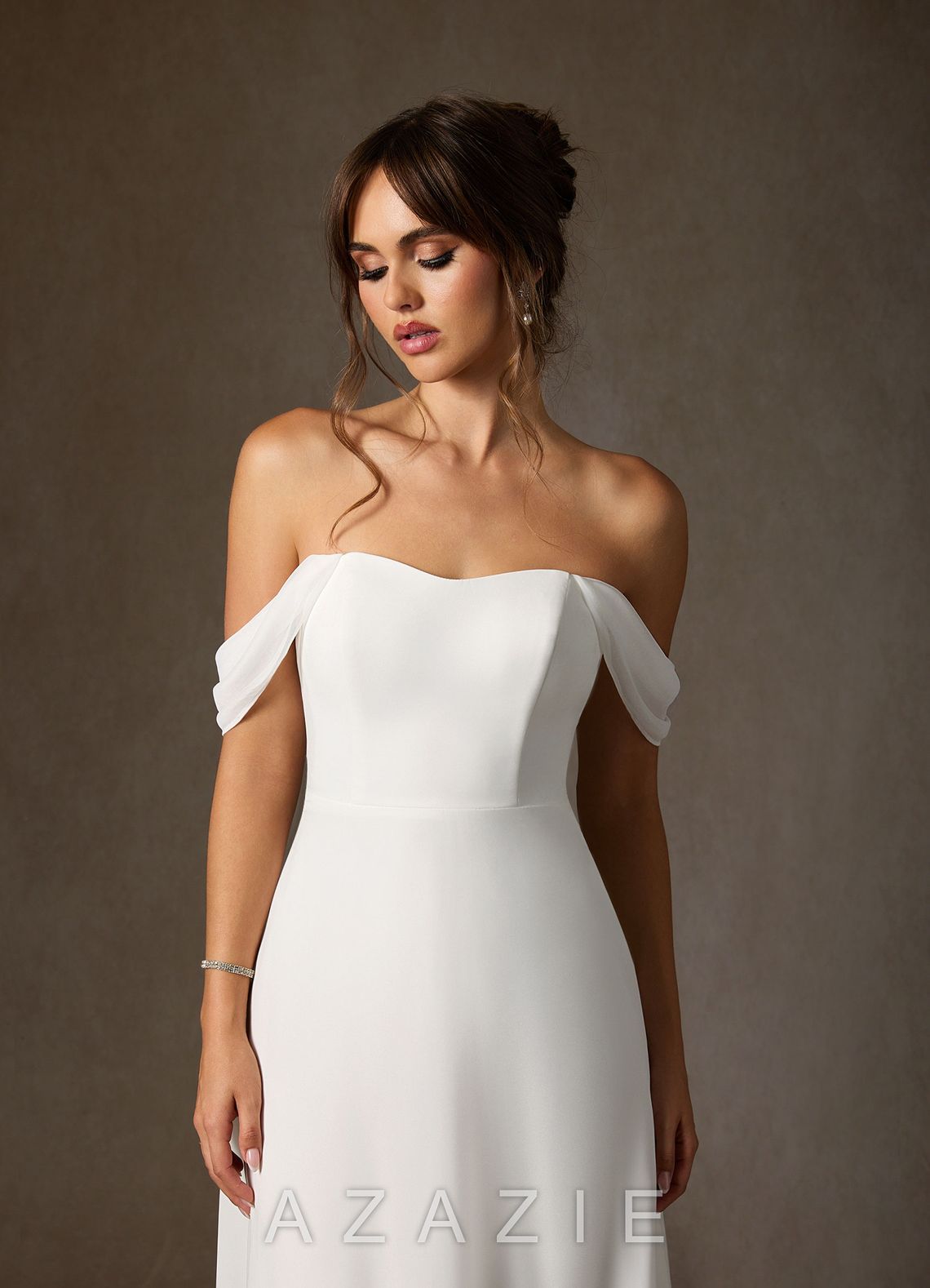 Azazie Ava Wedding Dress Diamond White A-Line Off the Shoulder Stretch Chiffon Dress diamond_white