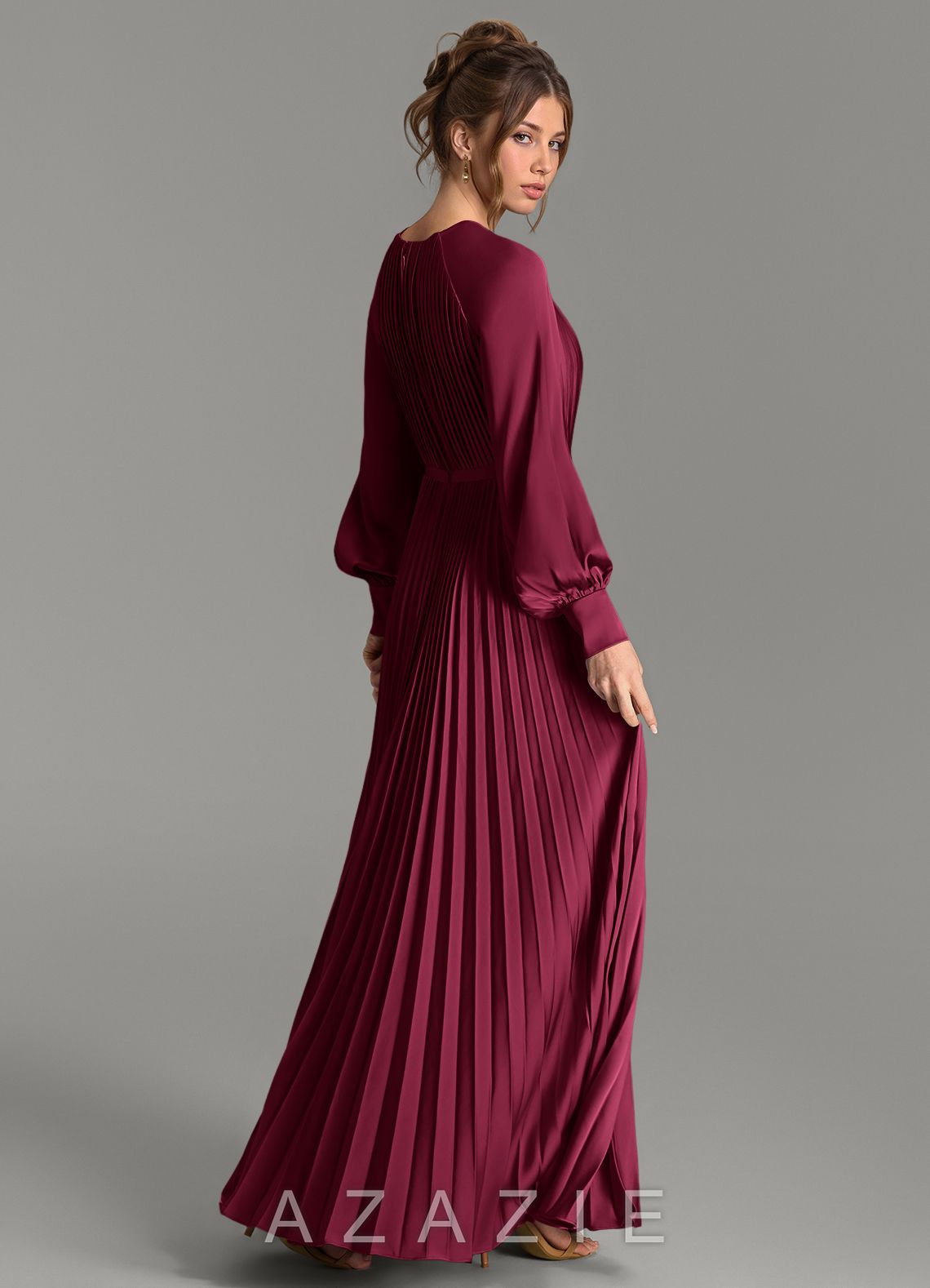 Azazie Grayson Burgundy A-Line Long Sleeve Stretch Satin Dress burgundy