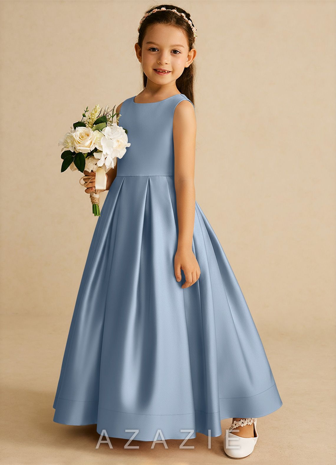 Azazie Cailee Dusty Blue Ball-Gown Pleated Matte Satin Dress dusty_blue
