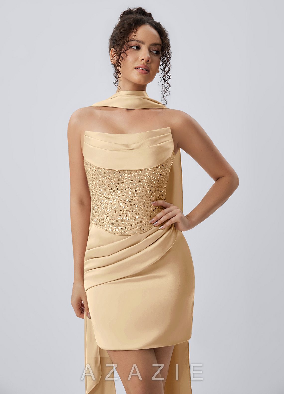 Irene Champagne Satin Sequin Lace-Up Mini Dress