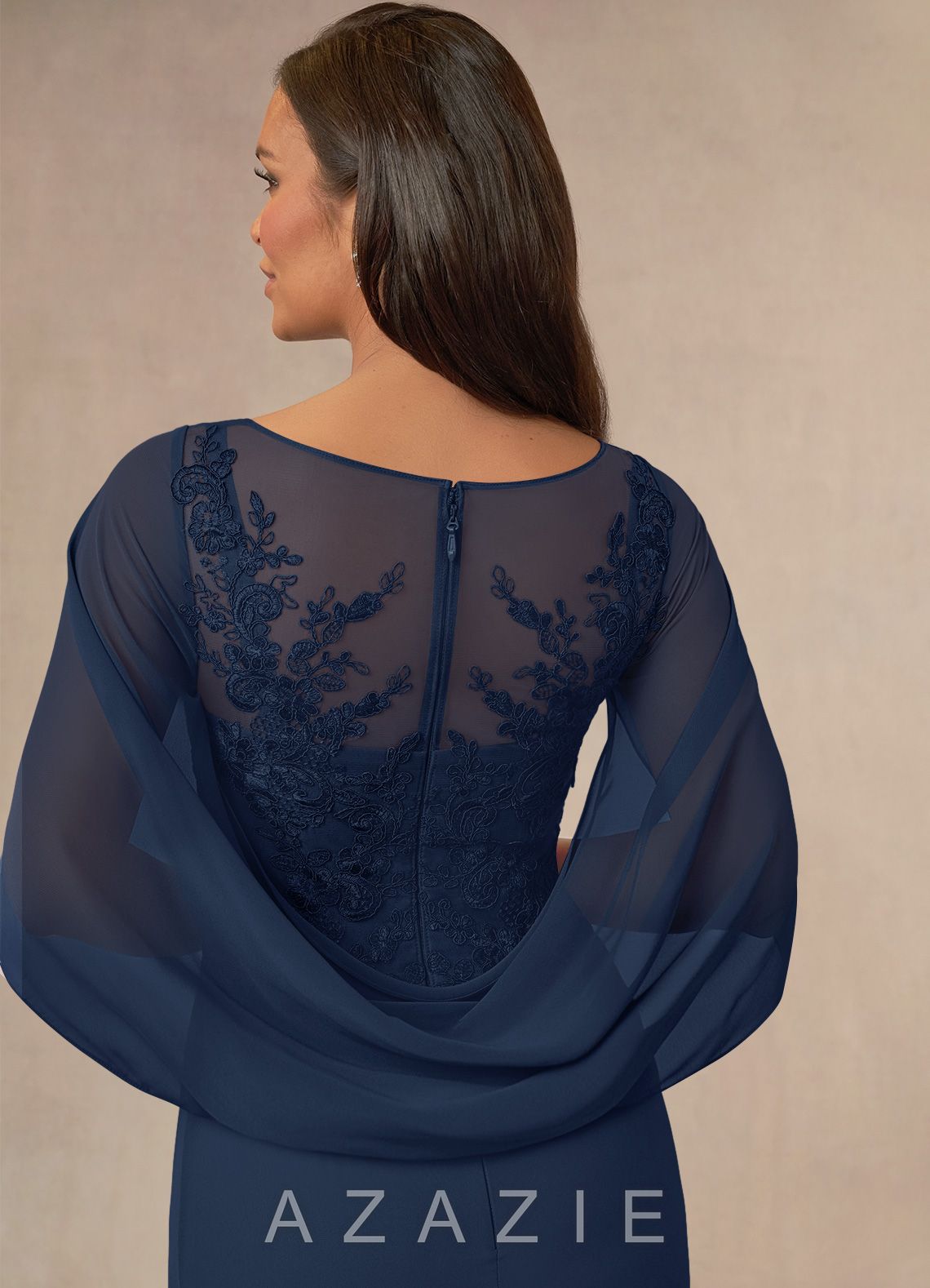 Azazie Hera Dark Navy A-Line Lace Capelet Chiffon Dress dark_navy