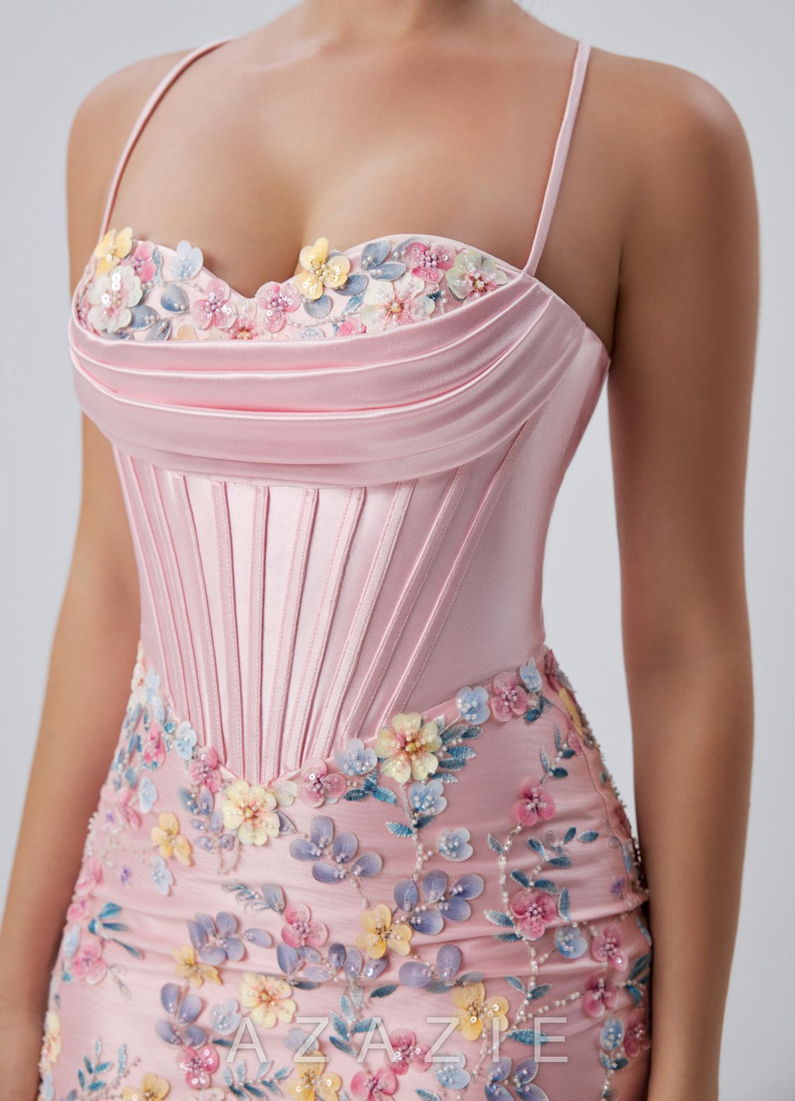 Ophelianna Blushing Pink multi-colored 3D Flowers Beading Stretch Satin Mini Dre