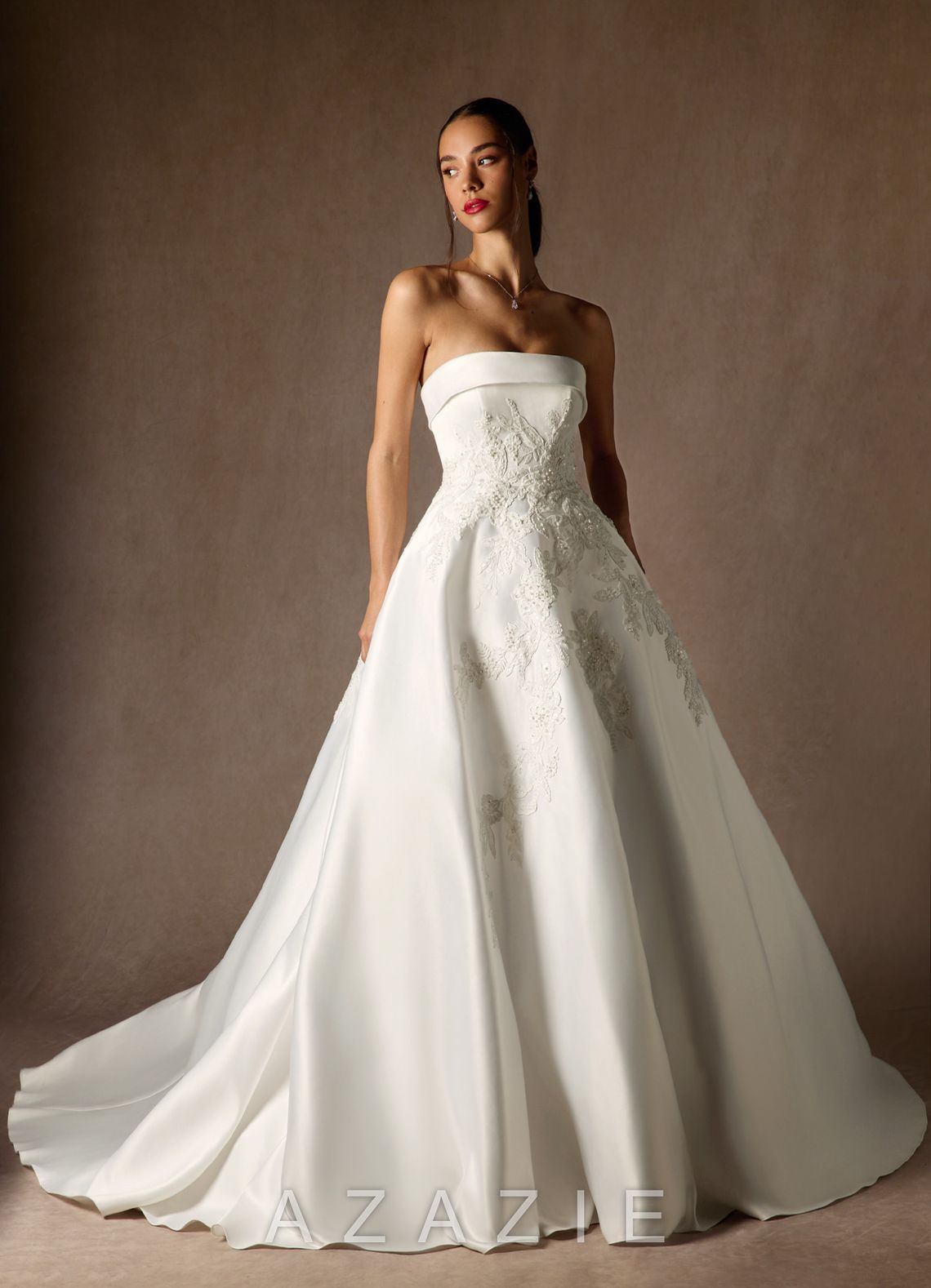 Azazie Fernanda Diamond White Ball-Gown Strapless Satin Dress diamond_white
