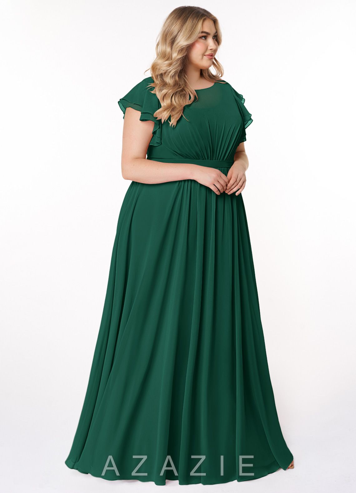Azazie Daphne A-Line Ruffled Chiffon Floor-Length Dress emerald