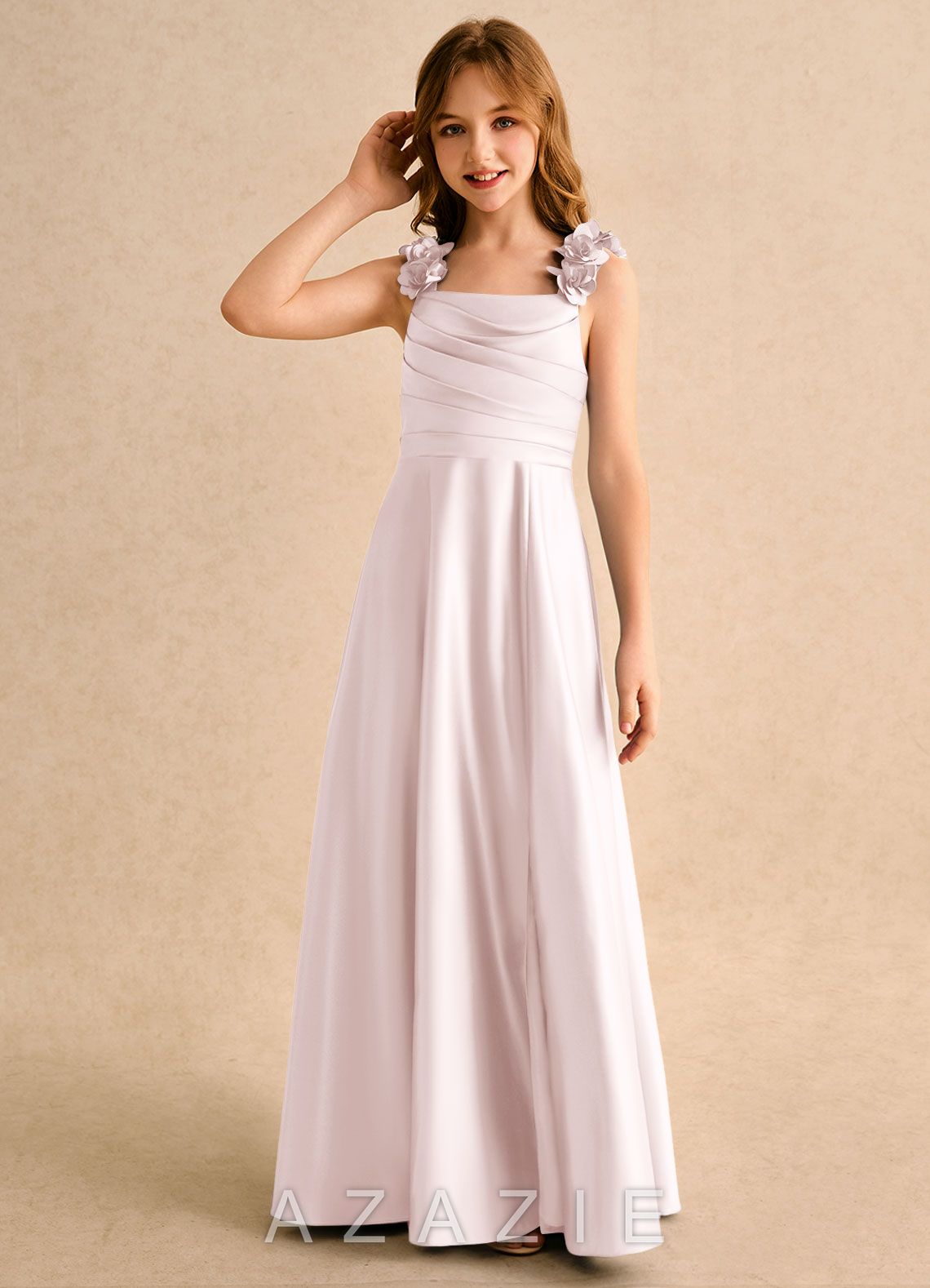Azazie Rosita Girls Formal Blushing Pink A-Line Pleated Matte Satin Dress blushing_pink