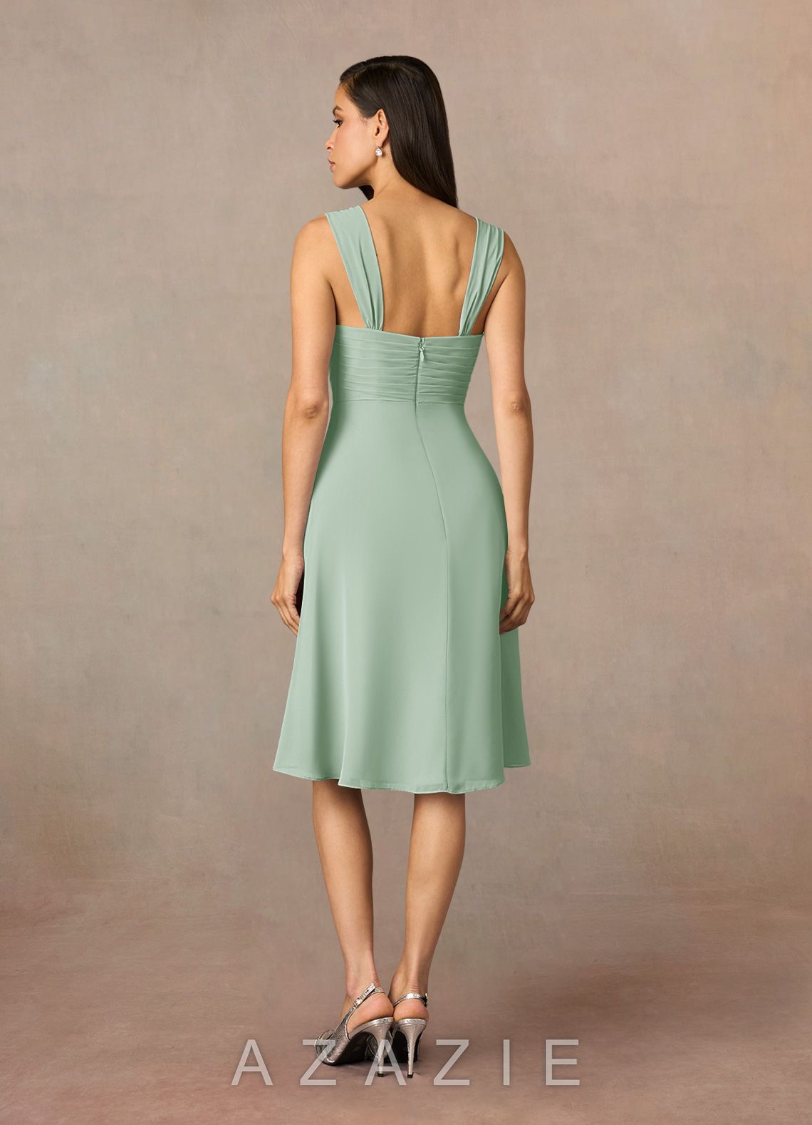 Azazie Olivia Agave A-Line Square Neckline Pleated Chiffon Dress agave