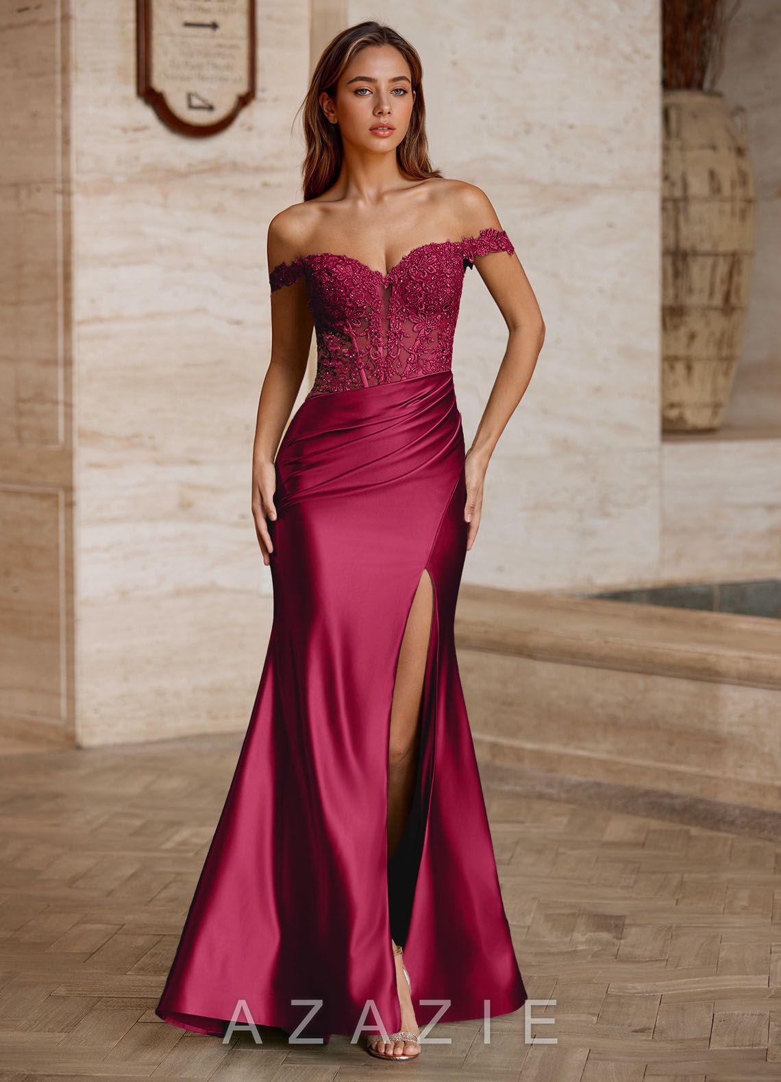 Linange Burgundy Embroidered Appliqué Satin Prom Dress